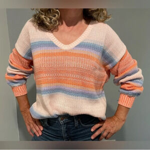 Loft Pastel Rainbow Stripe Sweater w/ V-Neck & Slight Balloon Sleeve Sweater, XS